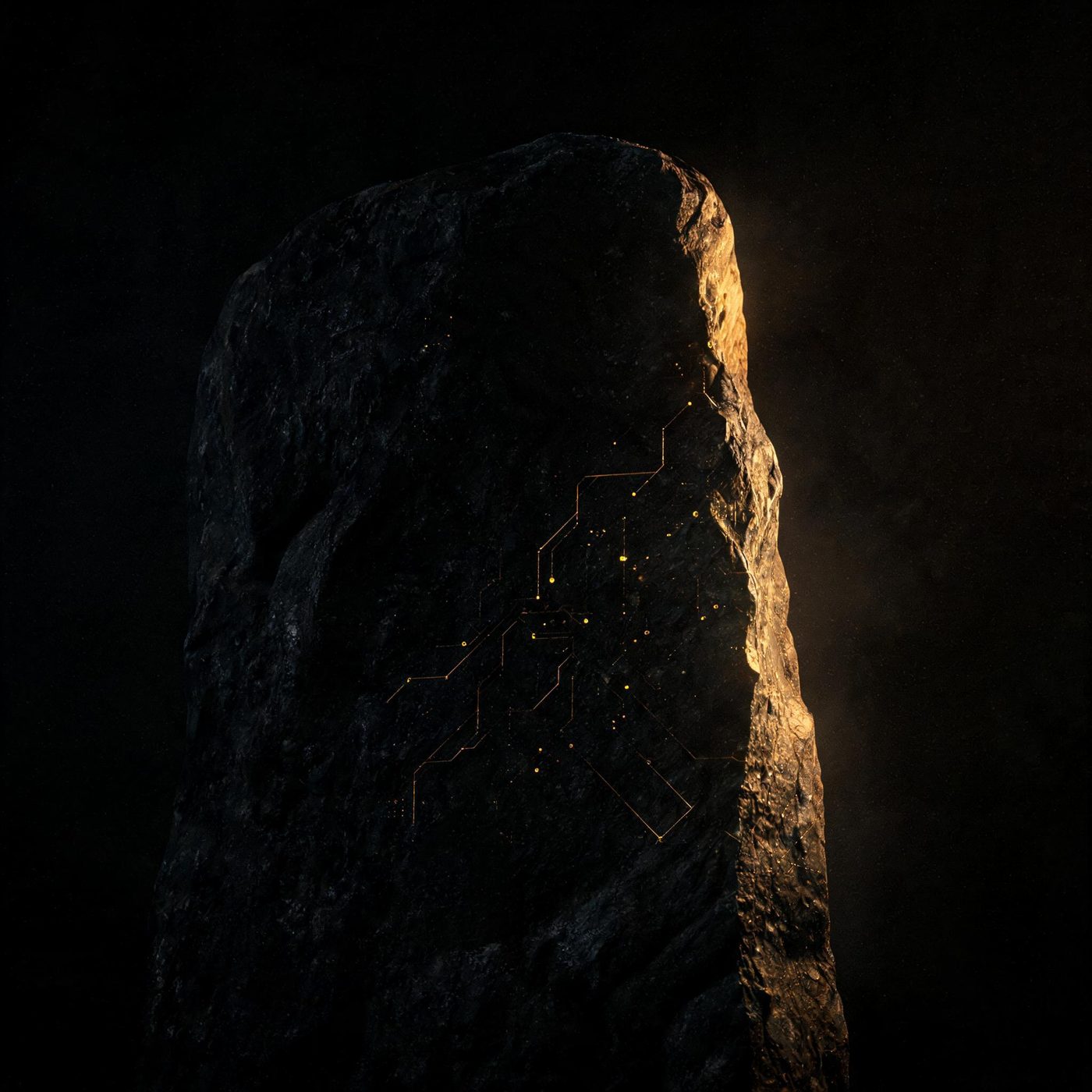A single ancient standing stone in obsidian darkness, faint gold circuit lines tracing across its face — ancient monument as living architecture.